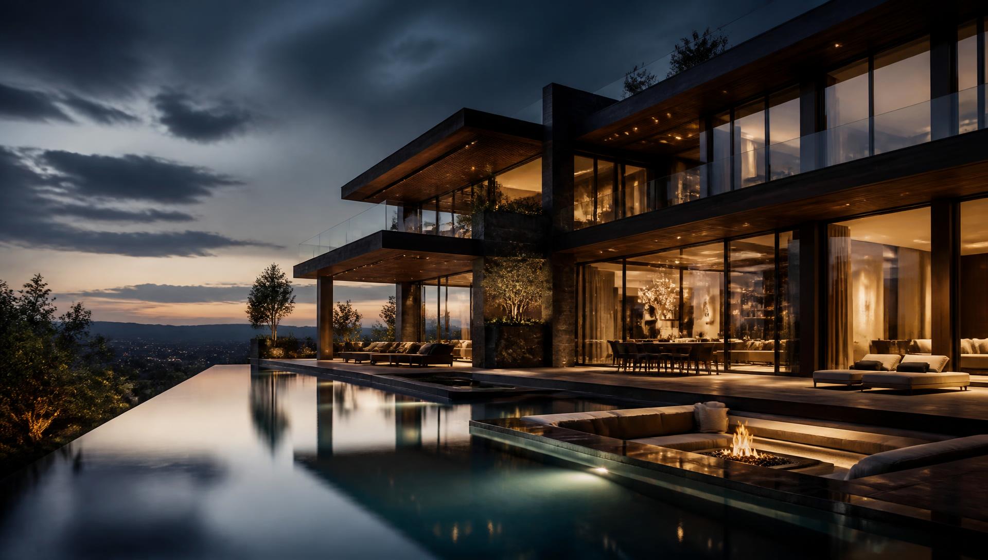 A contemporary luxury estate at dusk